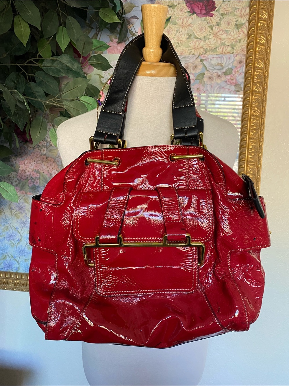 Chloe Red Patent Leather Shoulder Bag with Black Handles